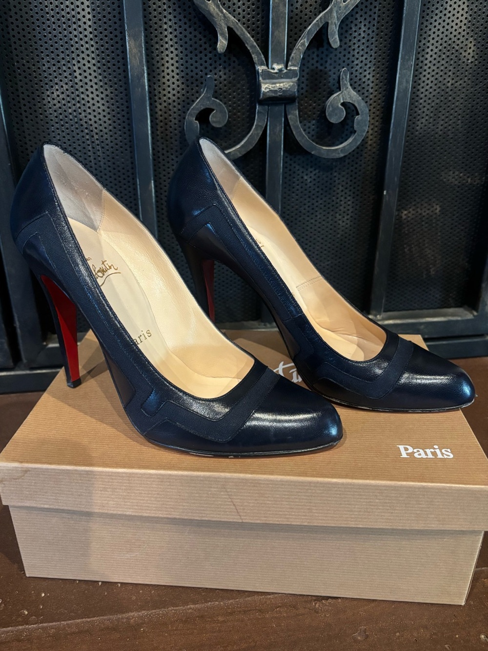 Christian Louboutin Navy Leather Pointed-Toe heels